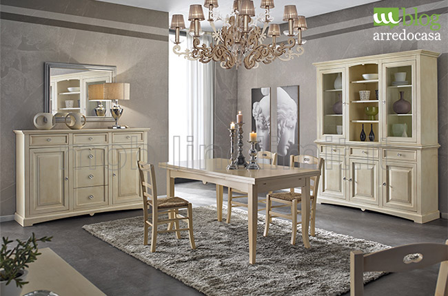 Sala da pranzo con mobili avorio shabby