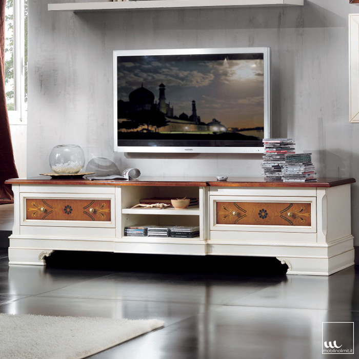 Mobile basso porta Tv due cassetti con intarsi L.200 P.52 H.50 - Bianco e Noce